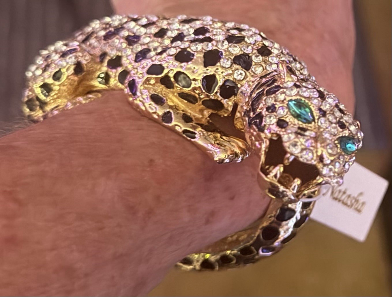 NEW ~ Natasha Leopard Bangle Bracelet 3D Rhinestone Panther Hinged GoldTone