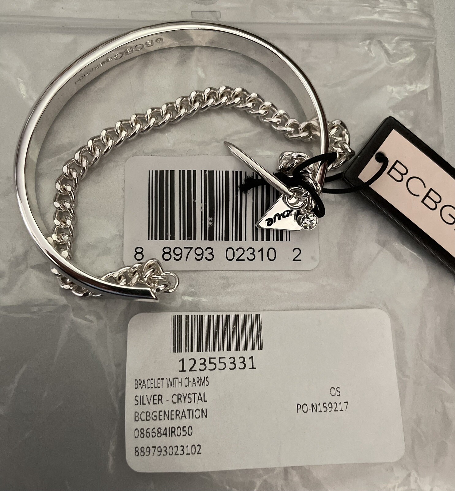 NEW!!! BCBGeneration Bracelet Silver Cuff Chain Charm LOVE Crystal Fashion NWT