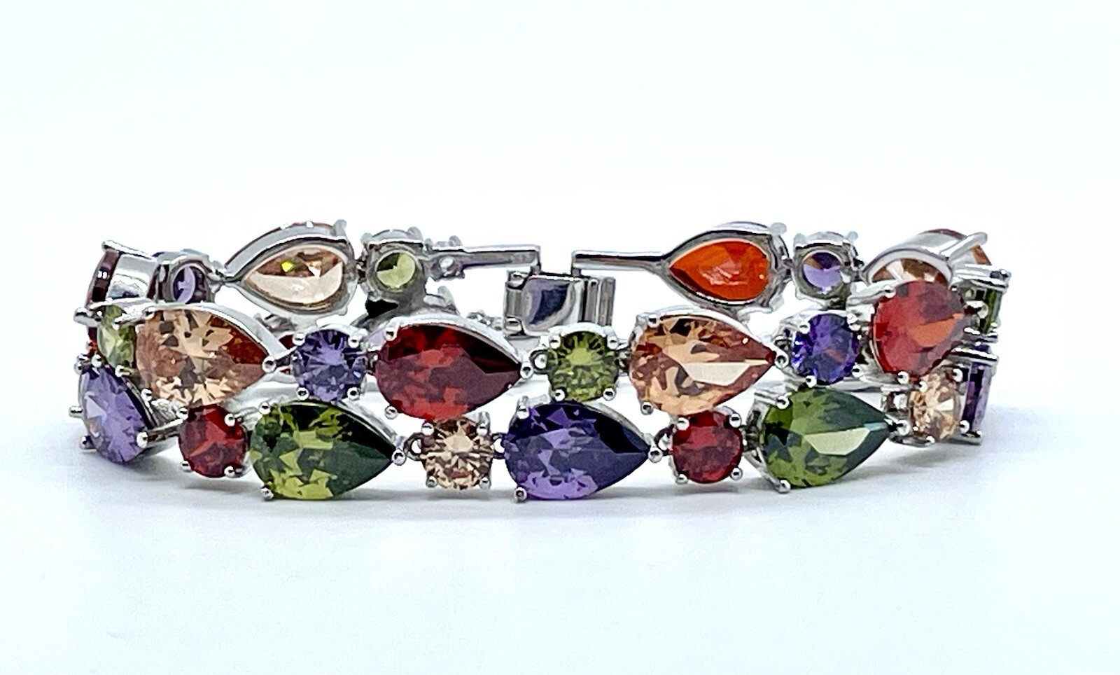 2 Layer Multi Color Sparkling Gemstone Bracelet 925 Bracelet w/Safety Chain