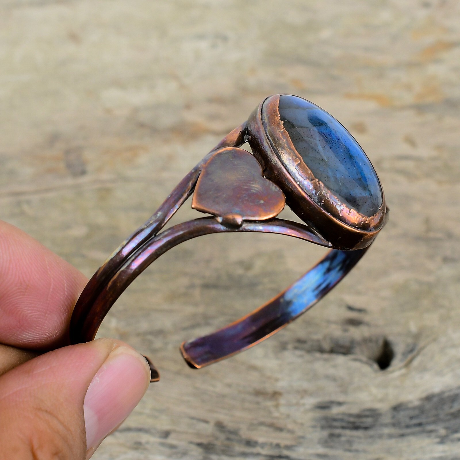 Labradorite Electroformed Heart Adjustable Bangle Handcrafted Copper Partywear