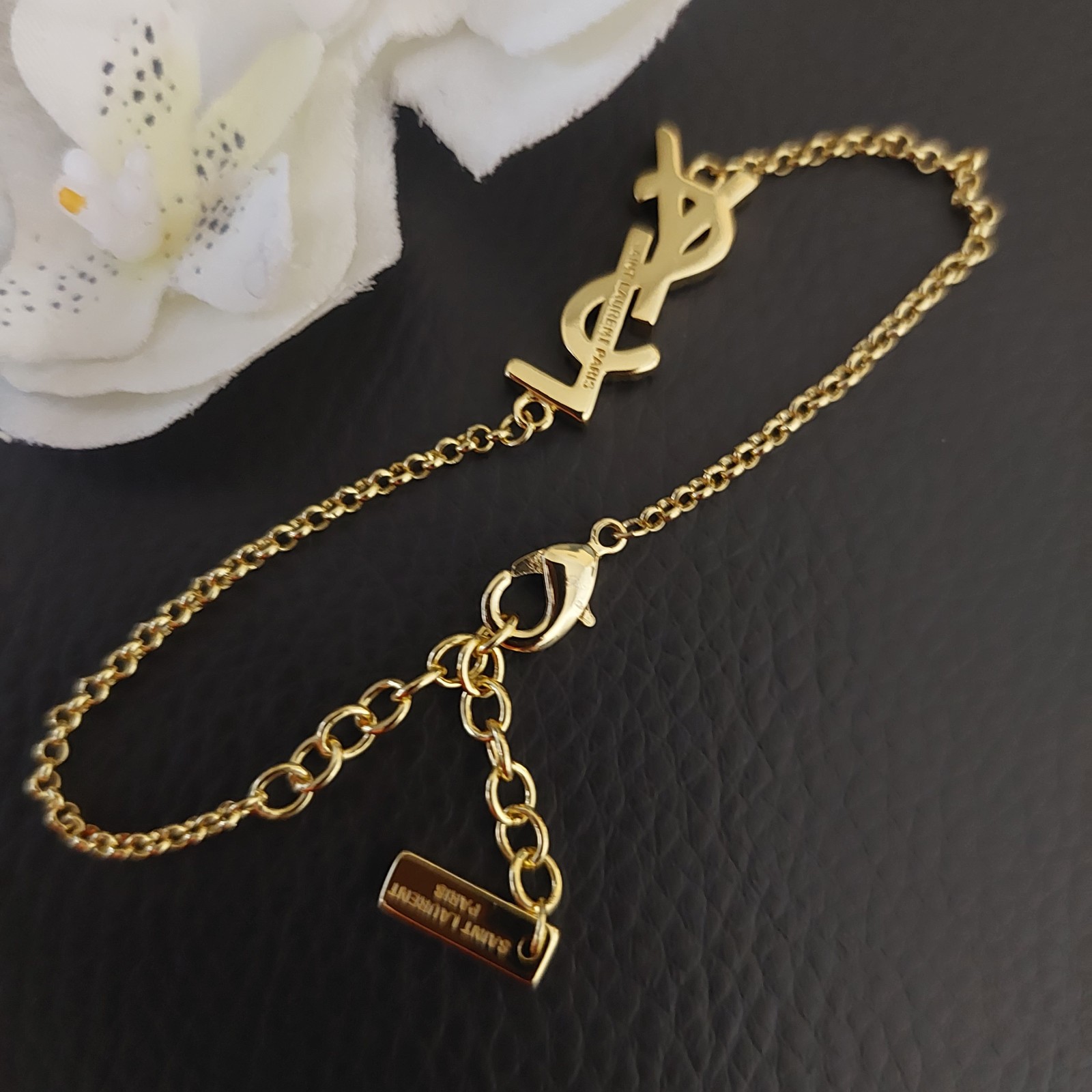 YSL Saint Laurent Charm Bracelet Crystal Brass Metal Gold!
