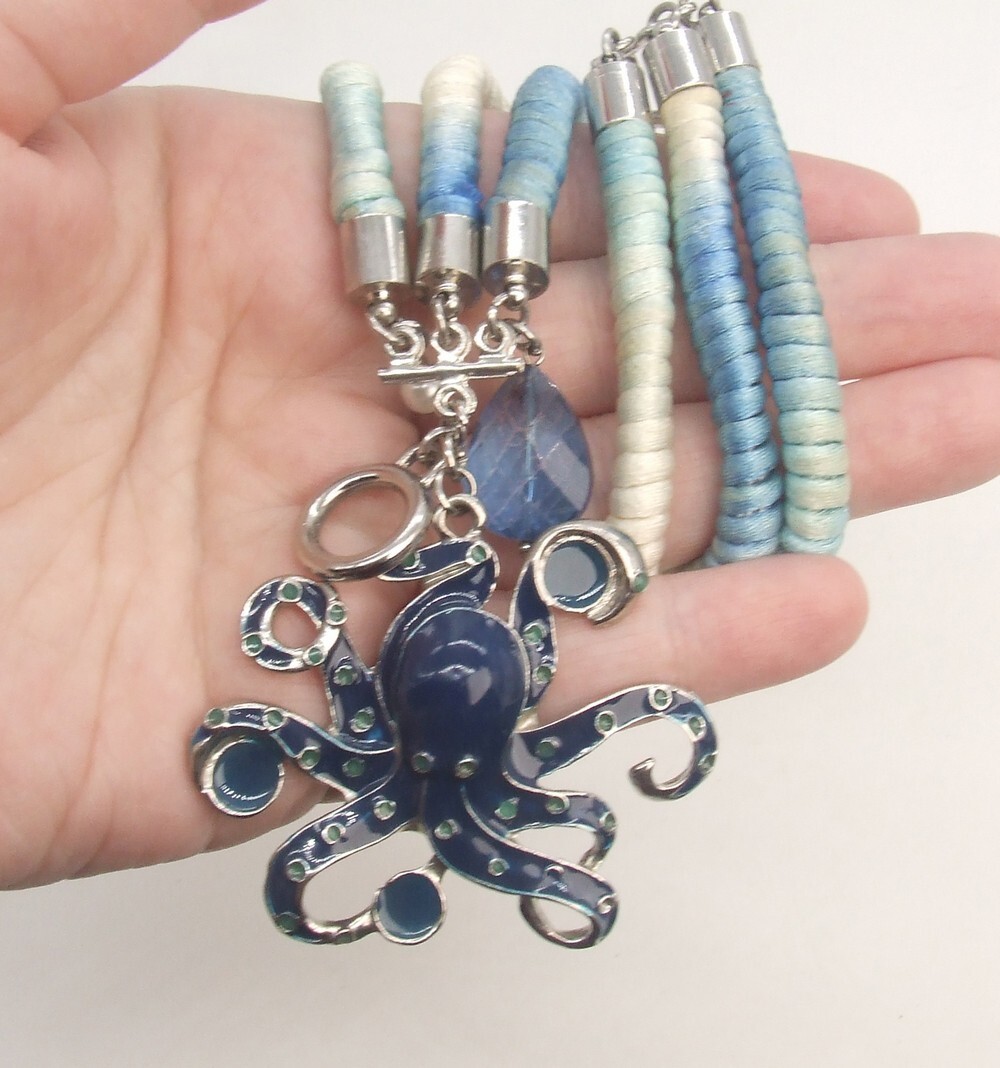 9″ Multi-strand Twisted Silk Blue Ombre Cord & Enamel Octopus Toggle Bracelet