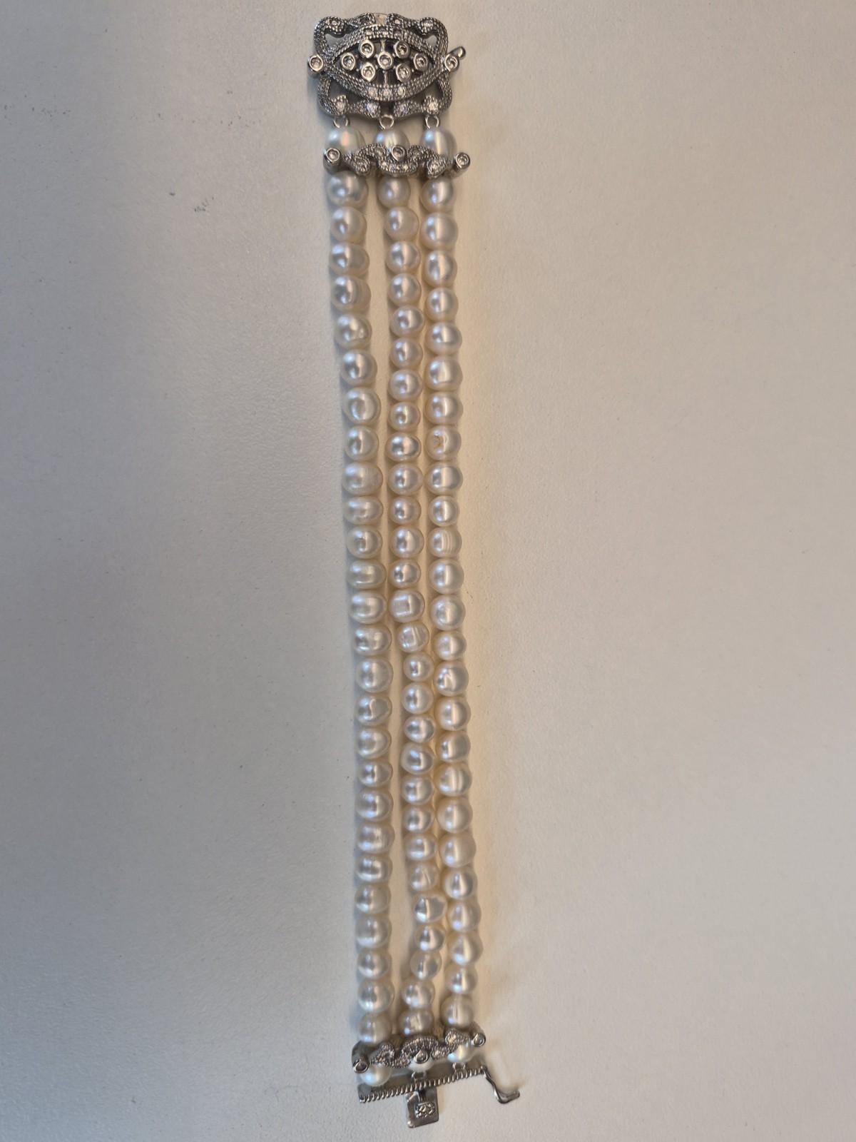 Triple Row Fresh Water Pearl, Art Deco Inlaid CZ Clasp W/ Figure 8 Safety Catch