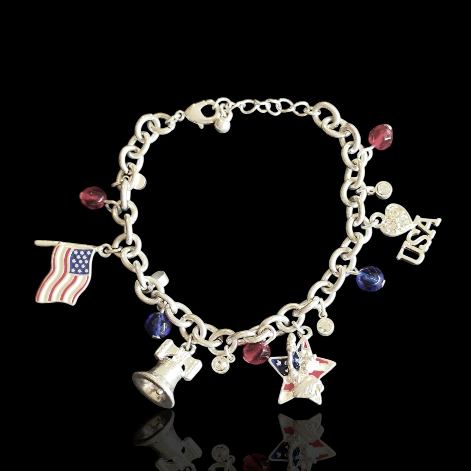 Adjustable Dangle Charm America United States Liberty Bell Rhinestone Bracelet