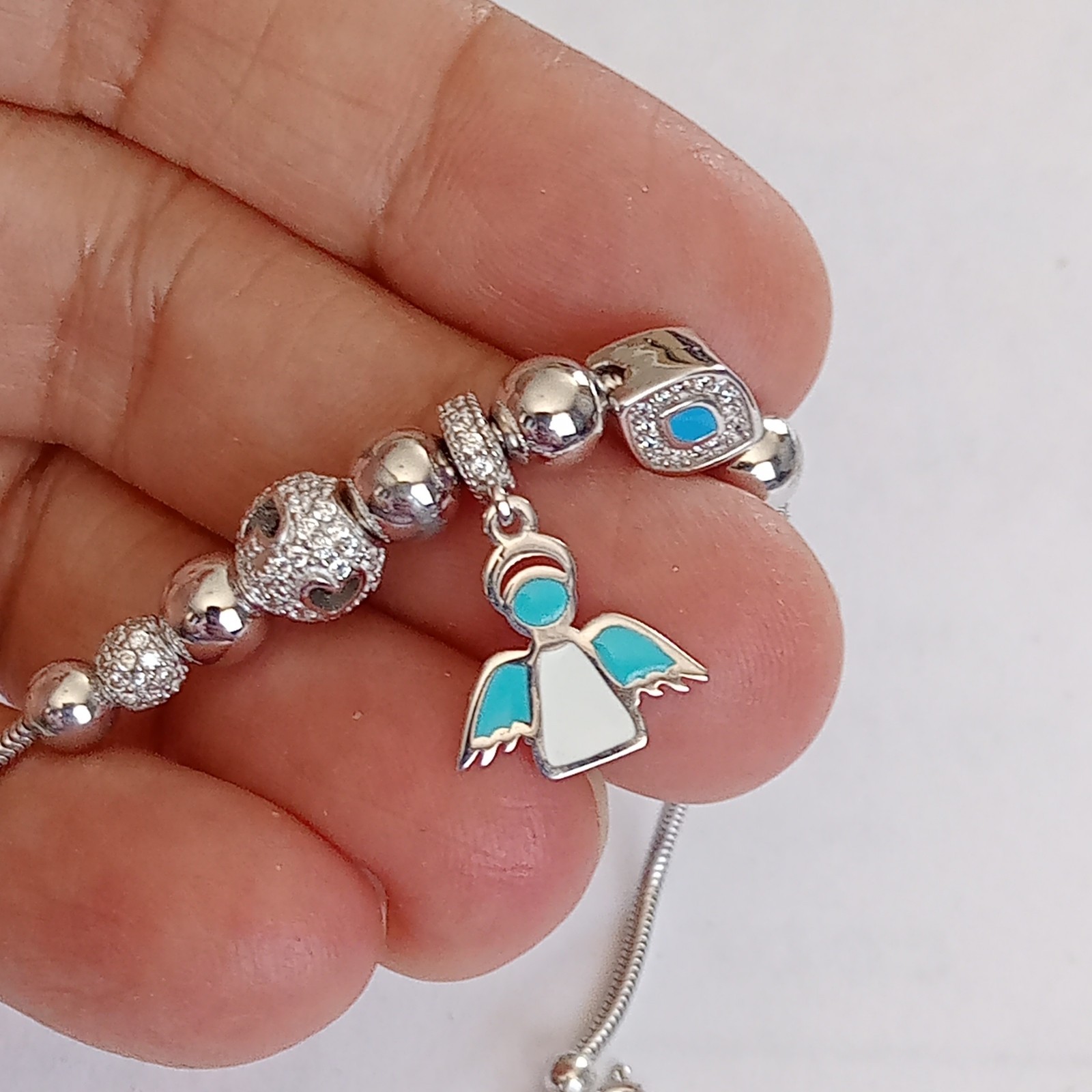 925 Sterling Silver Turkish Handmade White Topaz Evil Eye Angel Bracelet