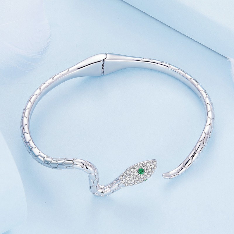 Snake Open Bangle Bracelet Green CZ Crystal Adjustable Cuff Silver Tone Unisex J