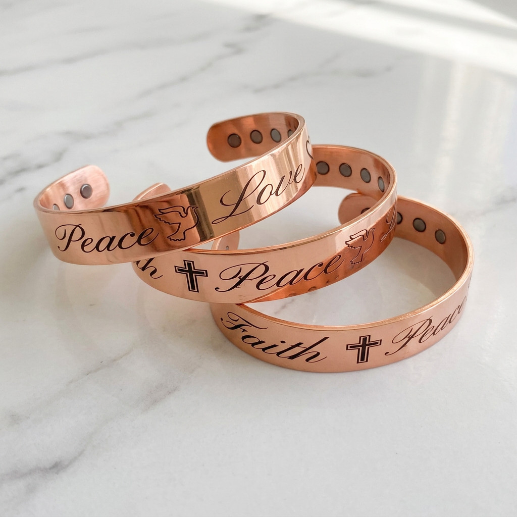 Faith Peace Love Solid Pure Copper Magnetic Bracelet Arthritis Pain Therapy Cuff