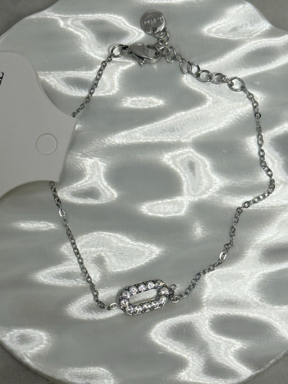 Stainless Steel Silver Tone Cable Chain CZ Oval Link Bracelet Lobster