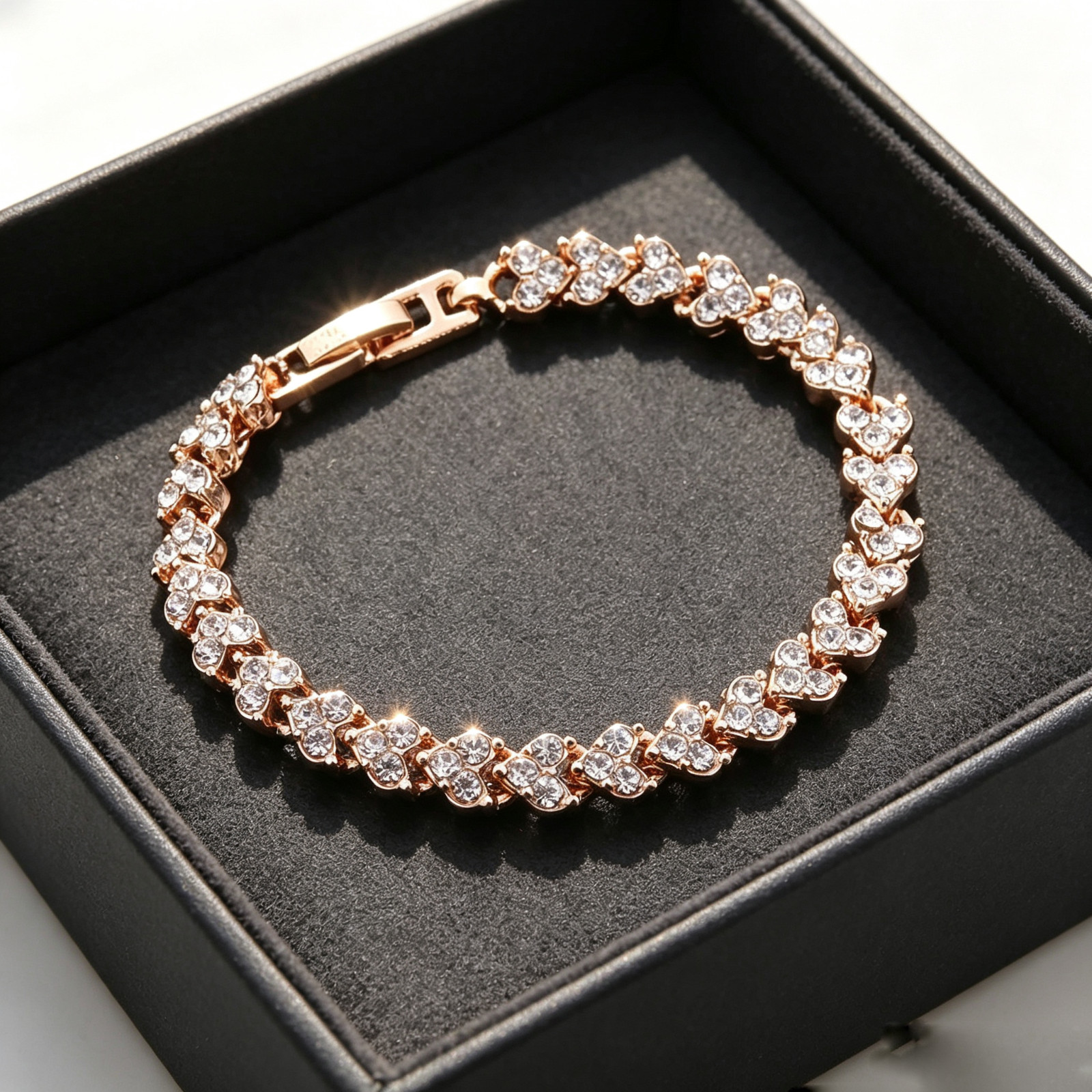 Heart Shaped Roman Rose Gold Crystal Tennis Bracelet Dainty Rhinestone Link