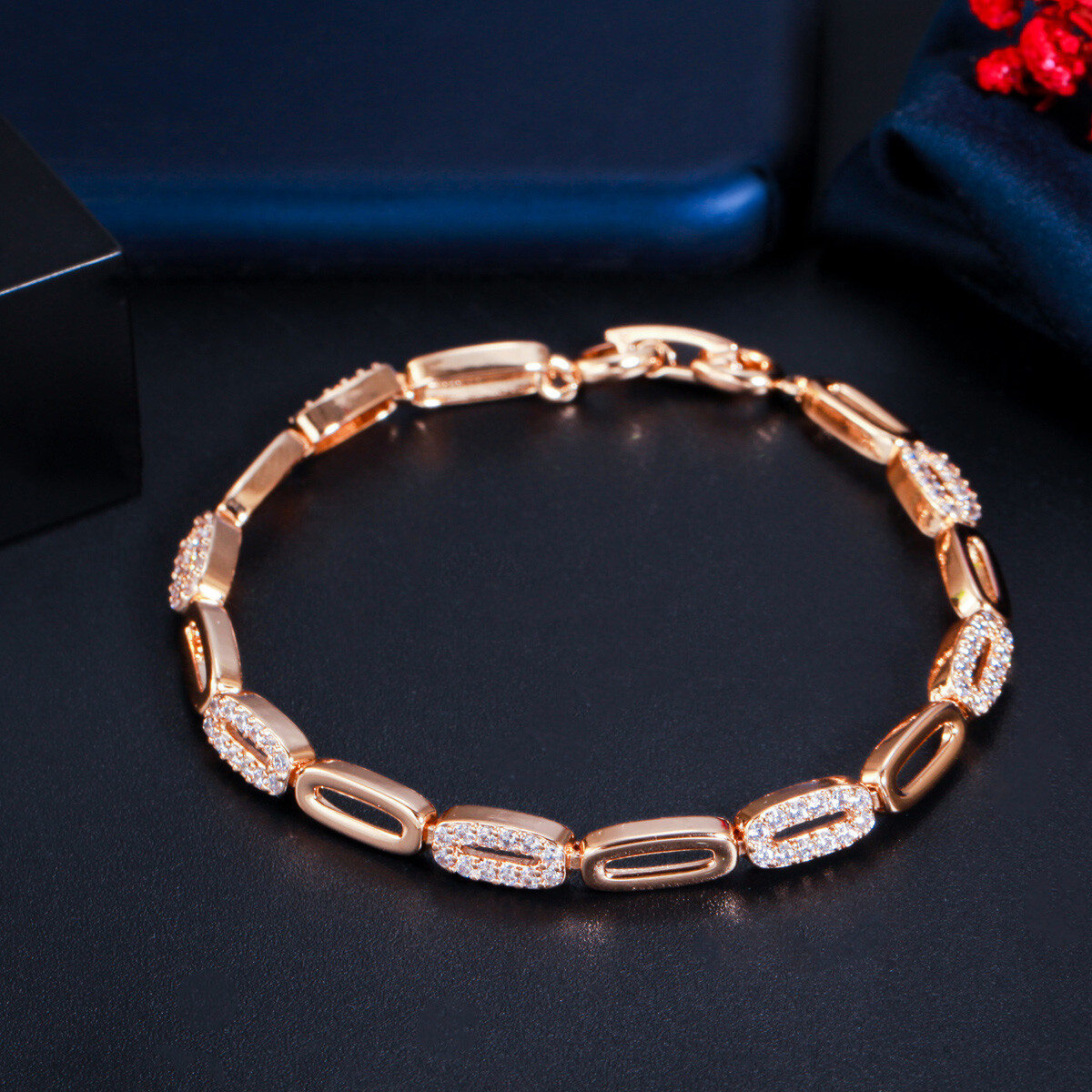 585 Gold Plated Micro Pave CZ Tennis Round Link Chain Bracelet for Ladies Party