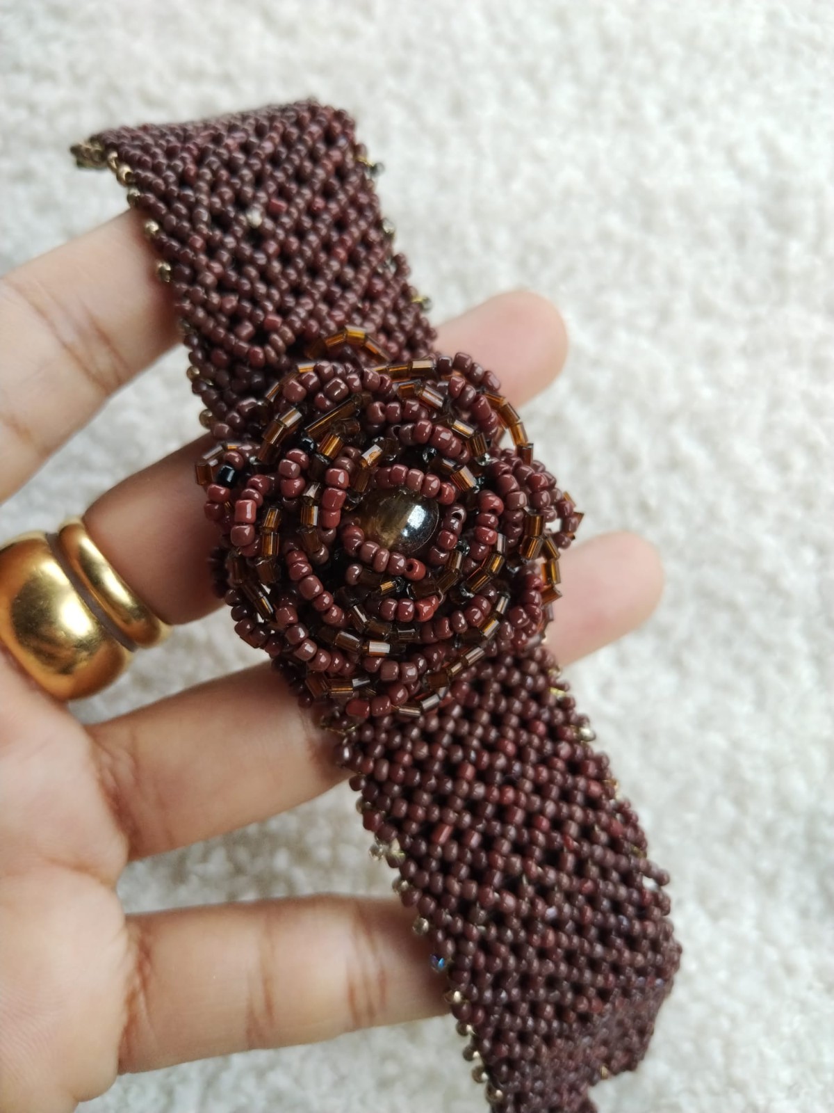 Brown Gold 3d Flower Beadweaving Bracelet, Wide Cuff Statement Glass Seedbead