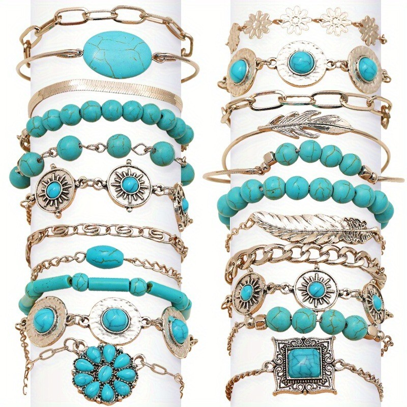 22PCS Tibetan Jewelry Beads Bangle Turquoise Chain Girl Bracelets Boho Fashion
