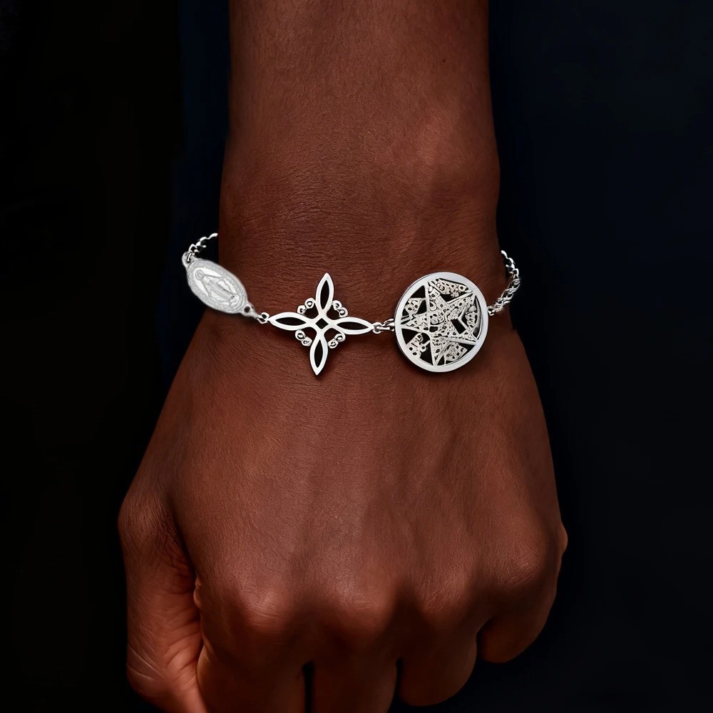 Stainless Steel Triple Protection Bracelet Witch Knot Pentagram Figaro Chain