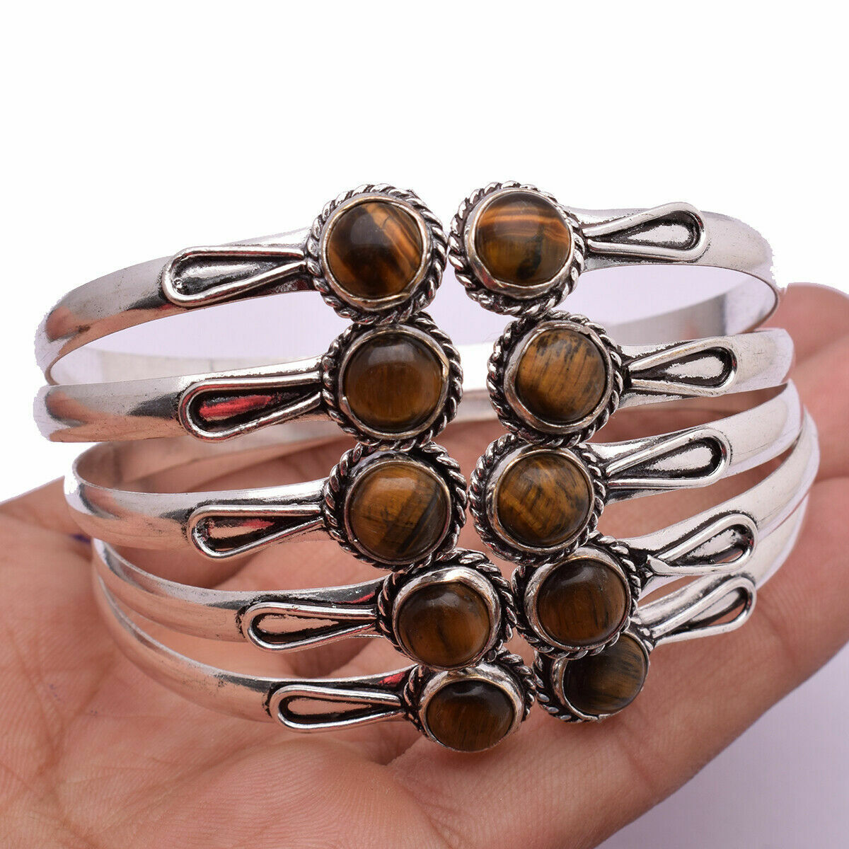 Trendy Tiger Eye Gemstone 925 Sterling Silver Plated Adjustable Cuff Bangle Lot
