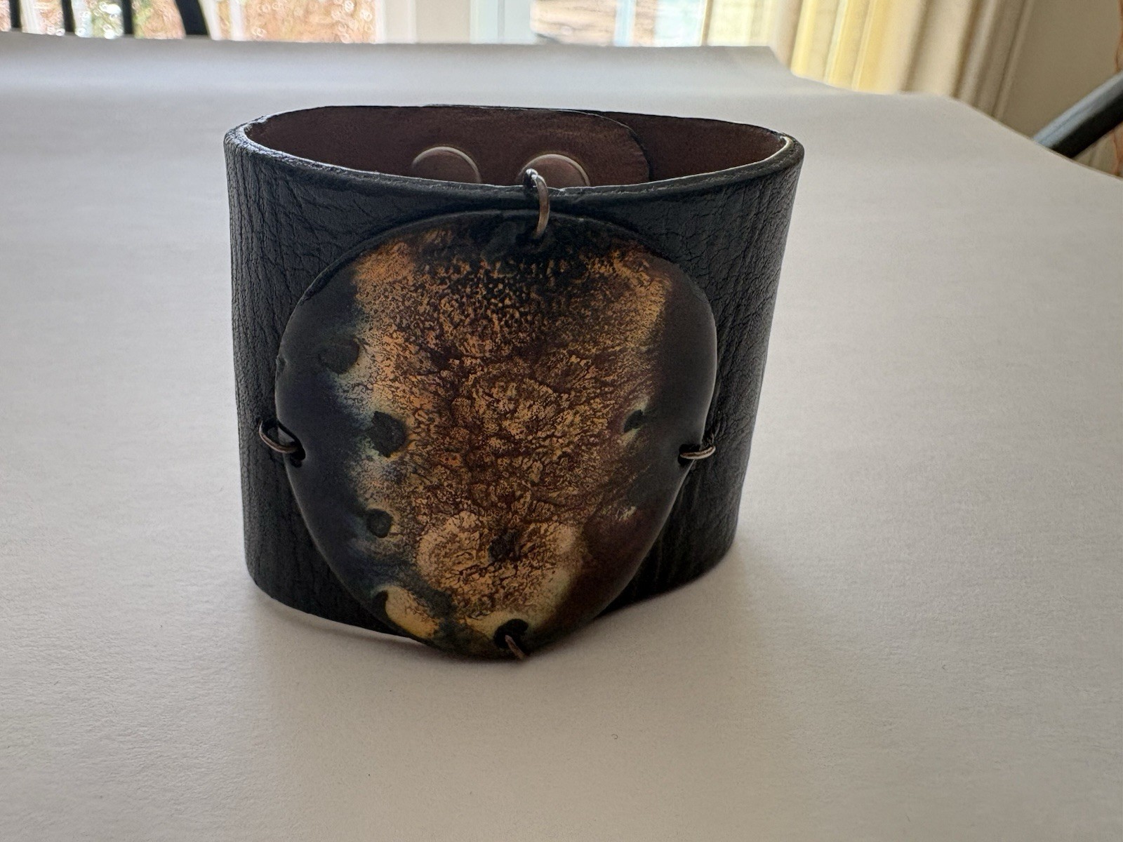 Leighelena Genuine Leather Metallic Cuff Bracelet with Enamel Centerpiece 7.5″