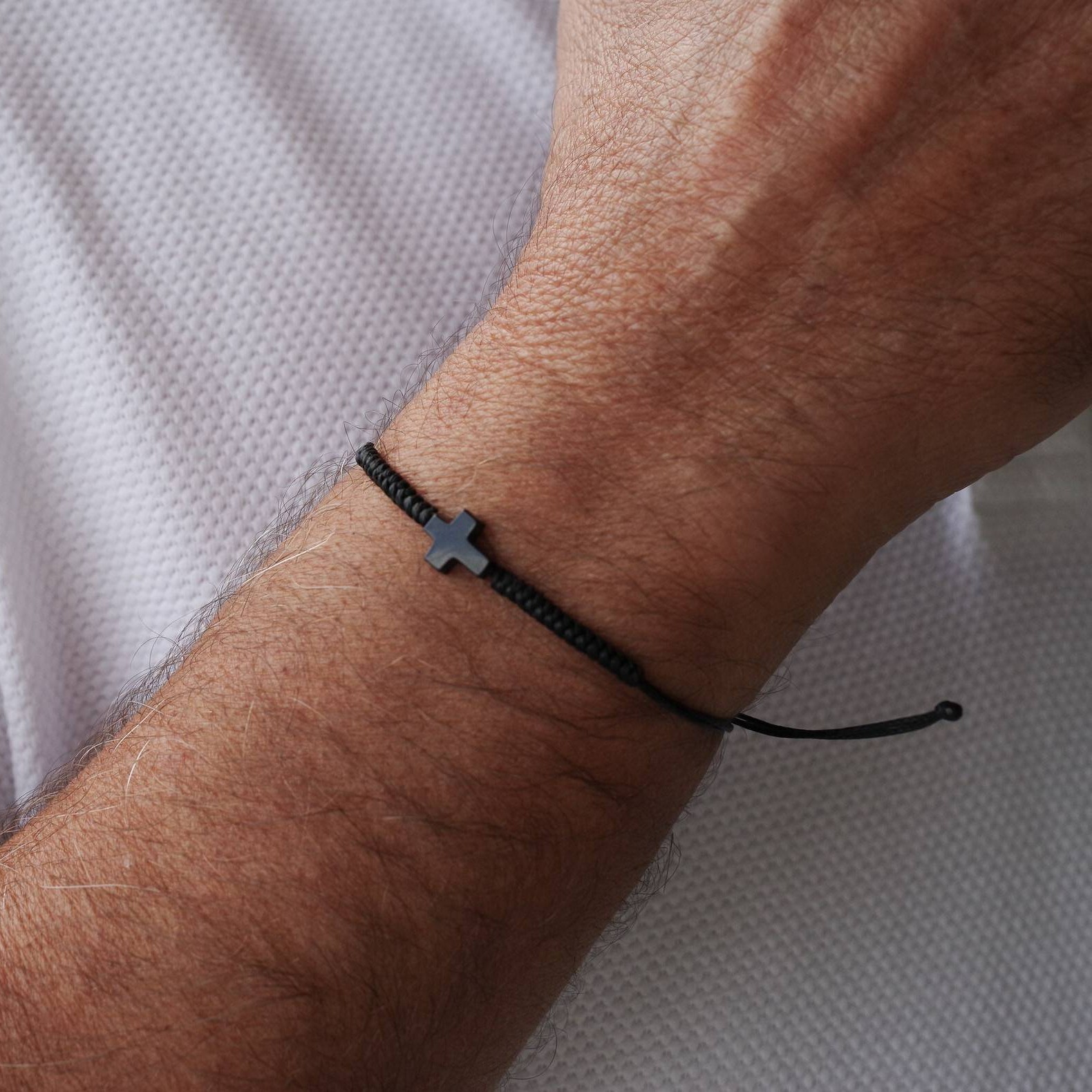 Natural Hematite Cross Charm Black String Healing Protection Women Men Bracelet