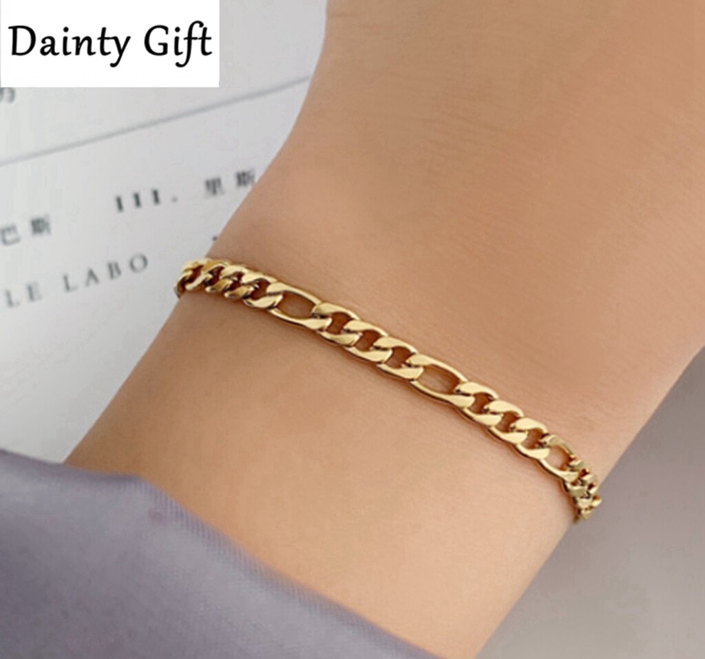 Women Gold Plated Titanium Stainless Steel 4mm Gold Figaro Chain Bracelet 6-7.6″