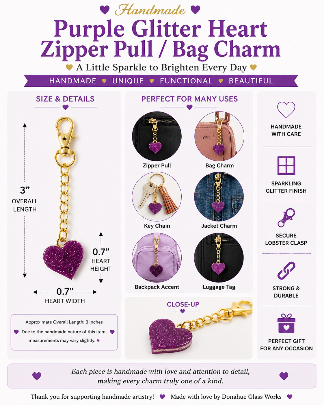 Purple Glitter Heart Bag Charm Zipper Pull Gold Lobster Clasp Handmade 3″