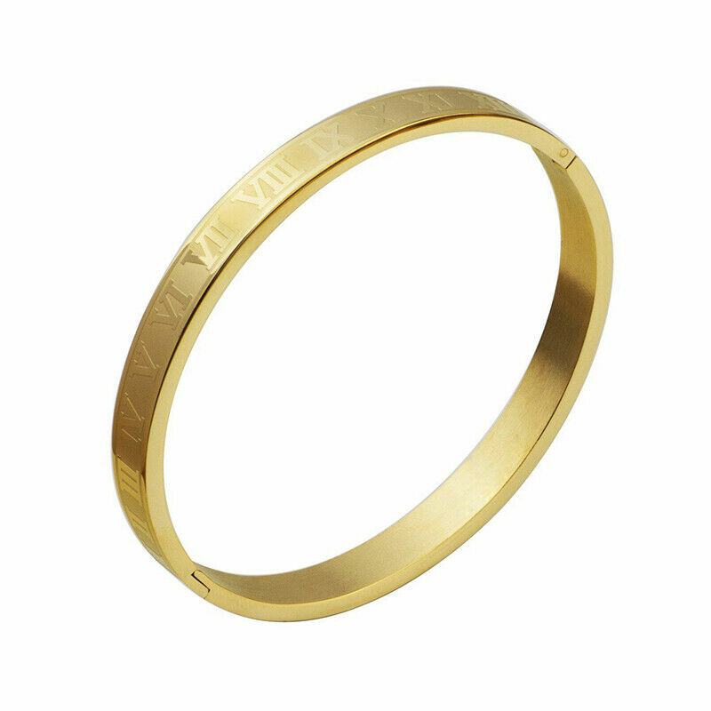 Men 18kt Gold Plated CZ Crown Bracelet Roman Numeral Stainless Steel Cuff Bangle