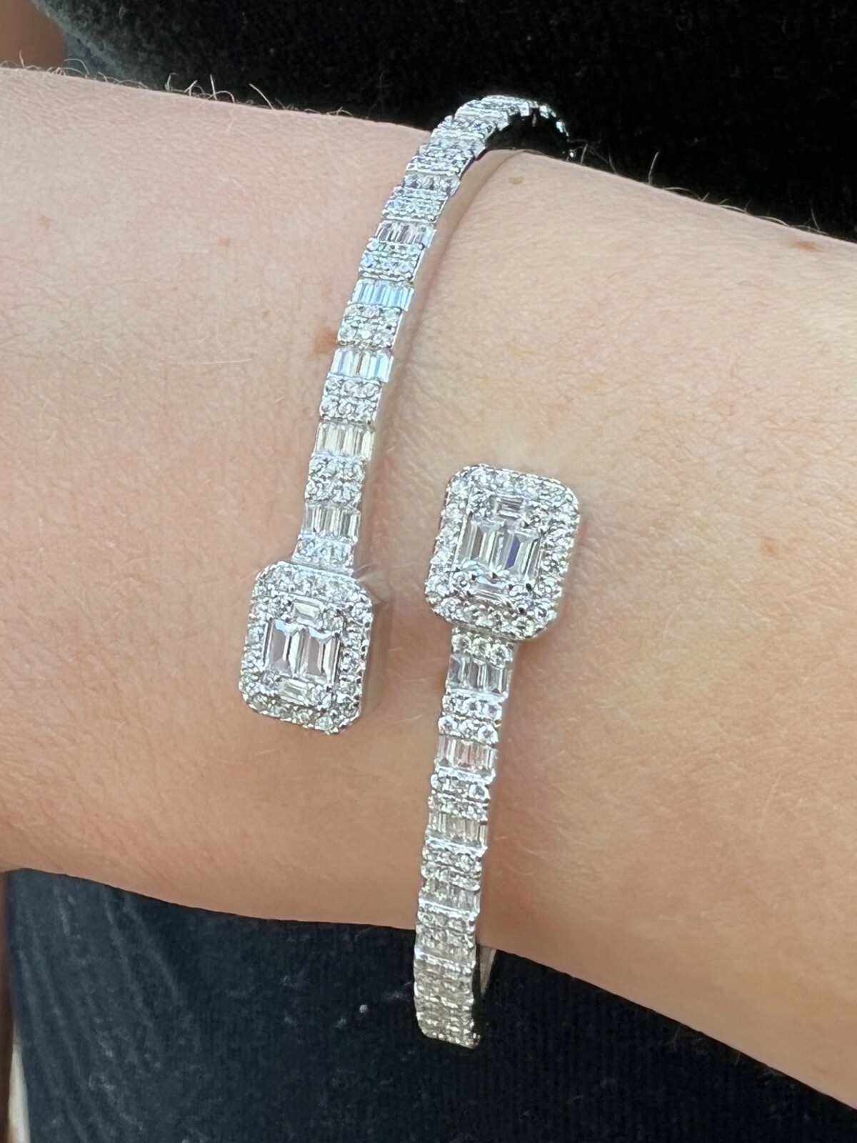 Real Solid 925 Silver Iced Baguette Bangle Cuff Bracelet 6-7.5″ CZ