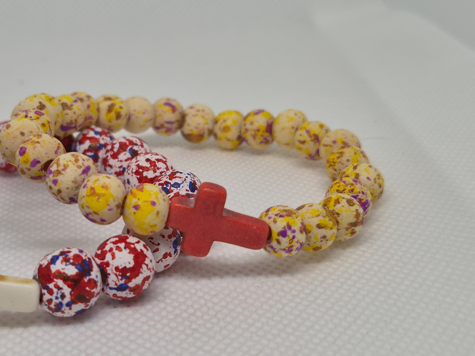 Set of 3 Multicolor wood Round Beaded Stretch Bracelets w/ Cross Dangle Charms