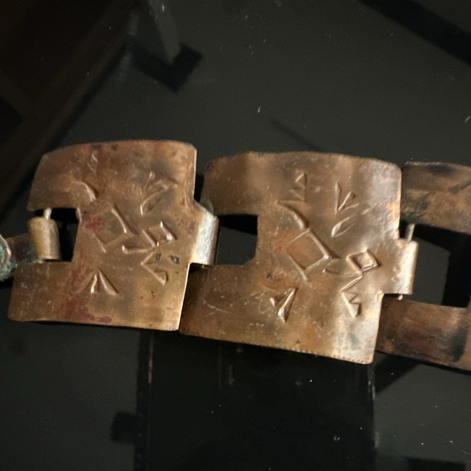 Vintage Native American Thunderbird Copper Panel Link Bracelet Hook Closure