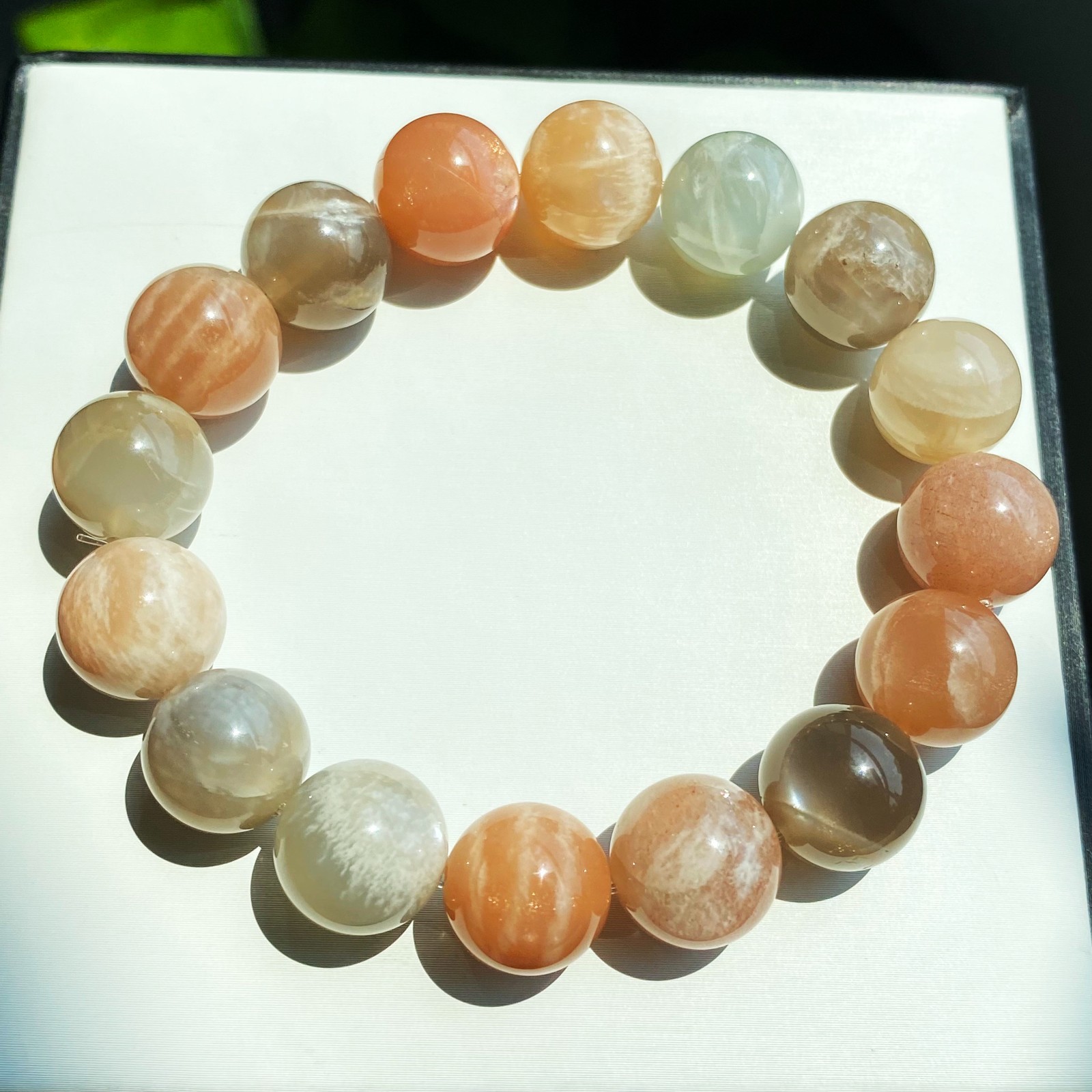12.8mm Natural Color Moonstone Sunstone Strong Light Crystal Beads Bracelet 016
