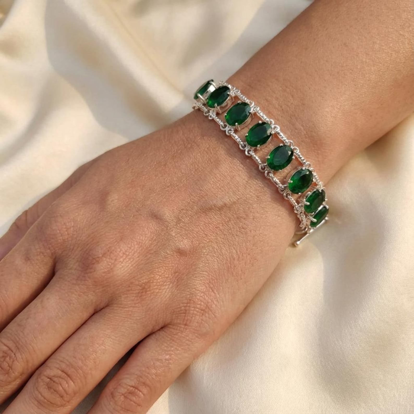 Green Emerald Gemstone Bracelet in Silver | Natural Oval Emerald Bracelet