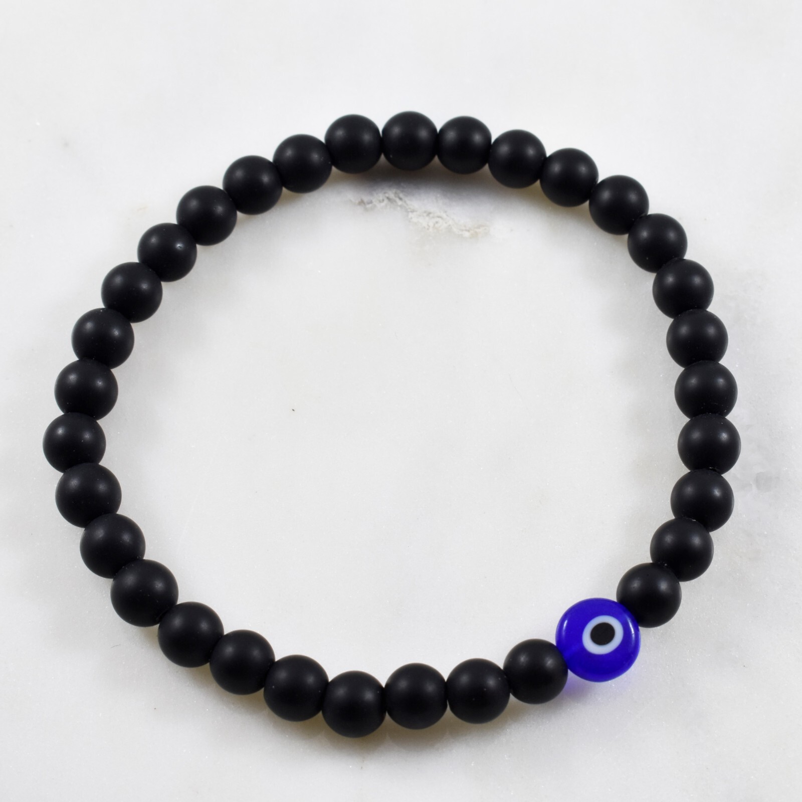 Evil Eye Black Agate Stone Bead Greek Turkish Stretch Elastic Mens Bracelet