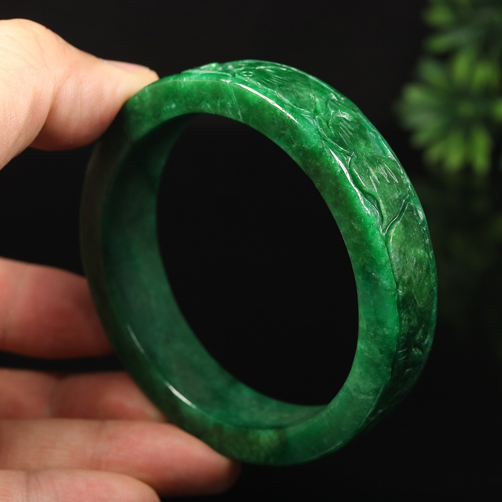 62mm Emerald Green Jadeite Jade Bangle Bracelet Hand-carved Ruyi Rabbit A-14943