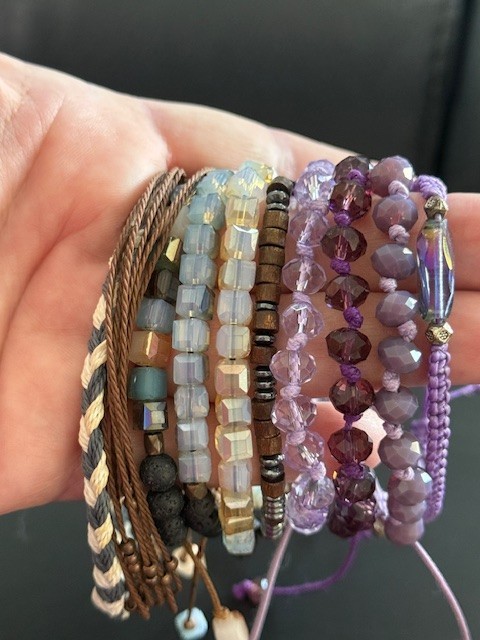 Assorted Lot Of 10 Pull Cord Bracelets Glass Lava Black Purple Brown White Grey