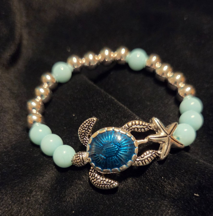 Nautical Silver Tone Turtle Beaded Stretch Bracelet