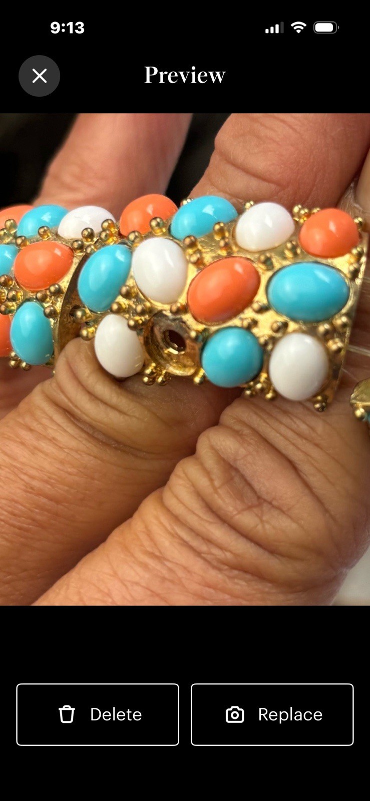 Chunky Turquoise & Coral Stone Cluster Stretch Bracelets Set of Two Bangles
