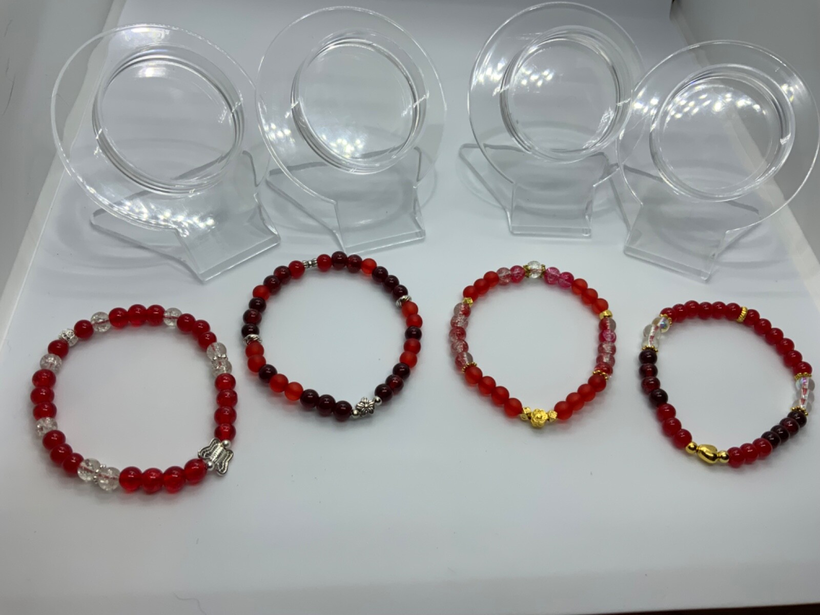 Lot of 4 Red Glass 6mm Beaded Bracelets Jewelry Holiday Birthday Anniversary