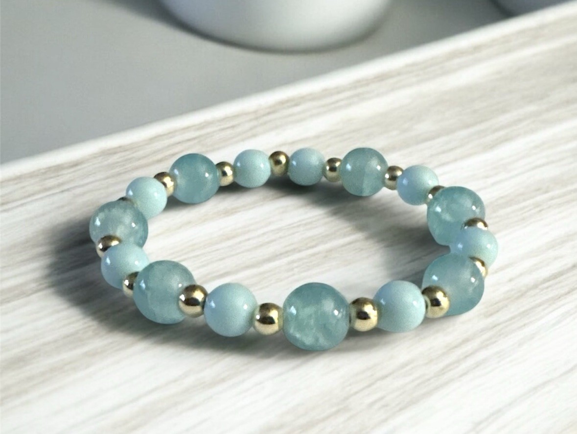 Artisan Handmade 14k Gold Filled Beaded Bracelet Set Baby Blue White Gold