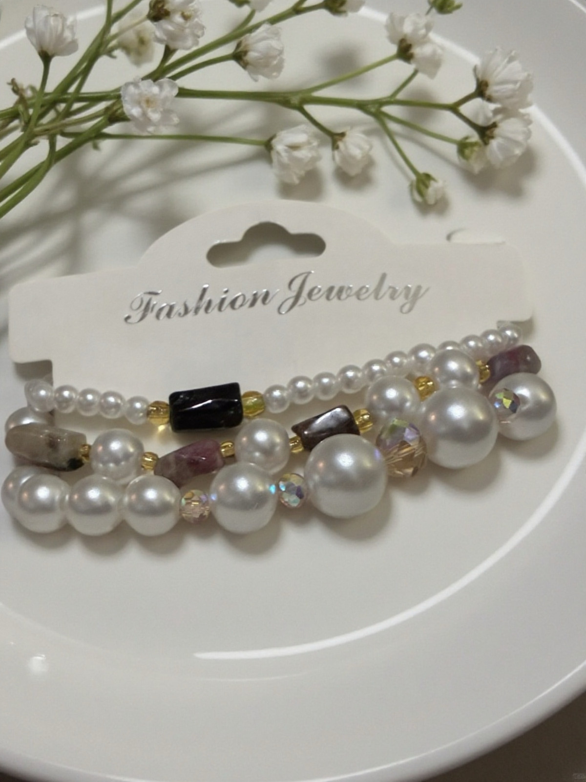 Women handmade Tourmaline Faceted Tube Beads & Pearl Bracelets, set of 3