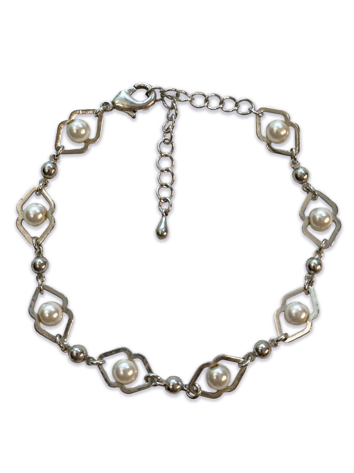 Faux Pearl Silver Tone Link Tennis Bracelet 6.75 in.