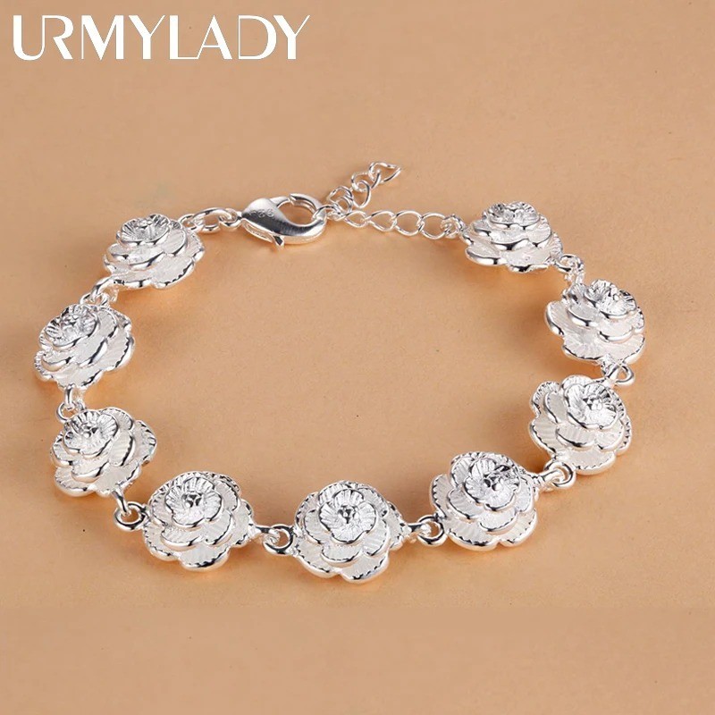 925 Sterling Silver Rose Flower Chain Bracelet For Women Fashion Pretty Jewelry
