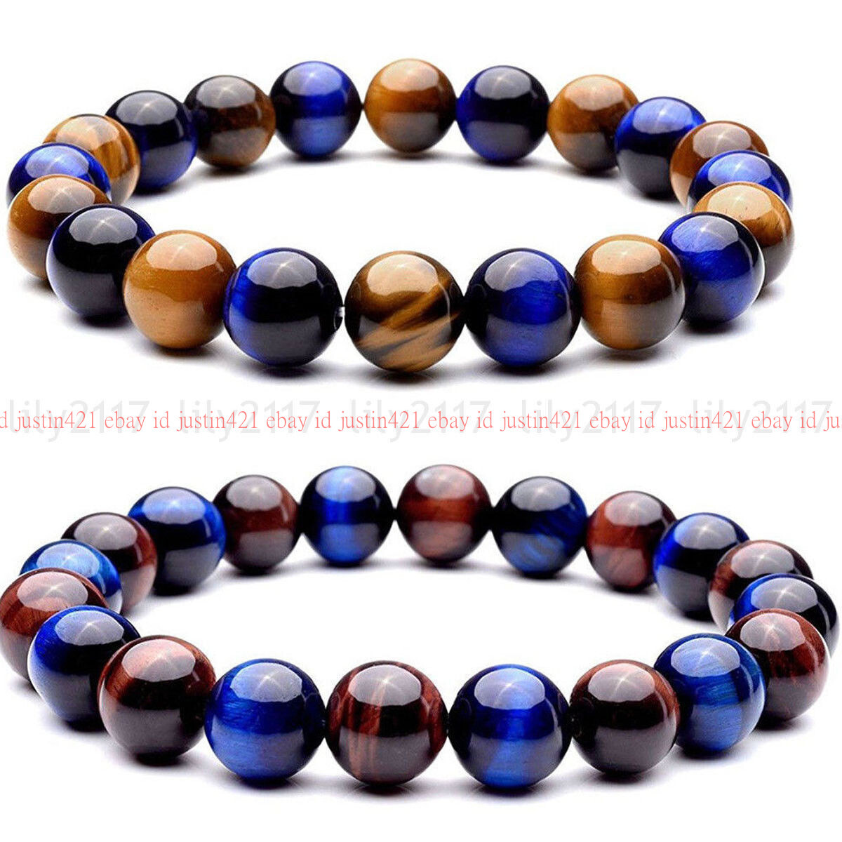 10mm Natural Red Yellow Blue Tigers Eye Gems Beads Elastic Bracelet 7.5”