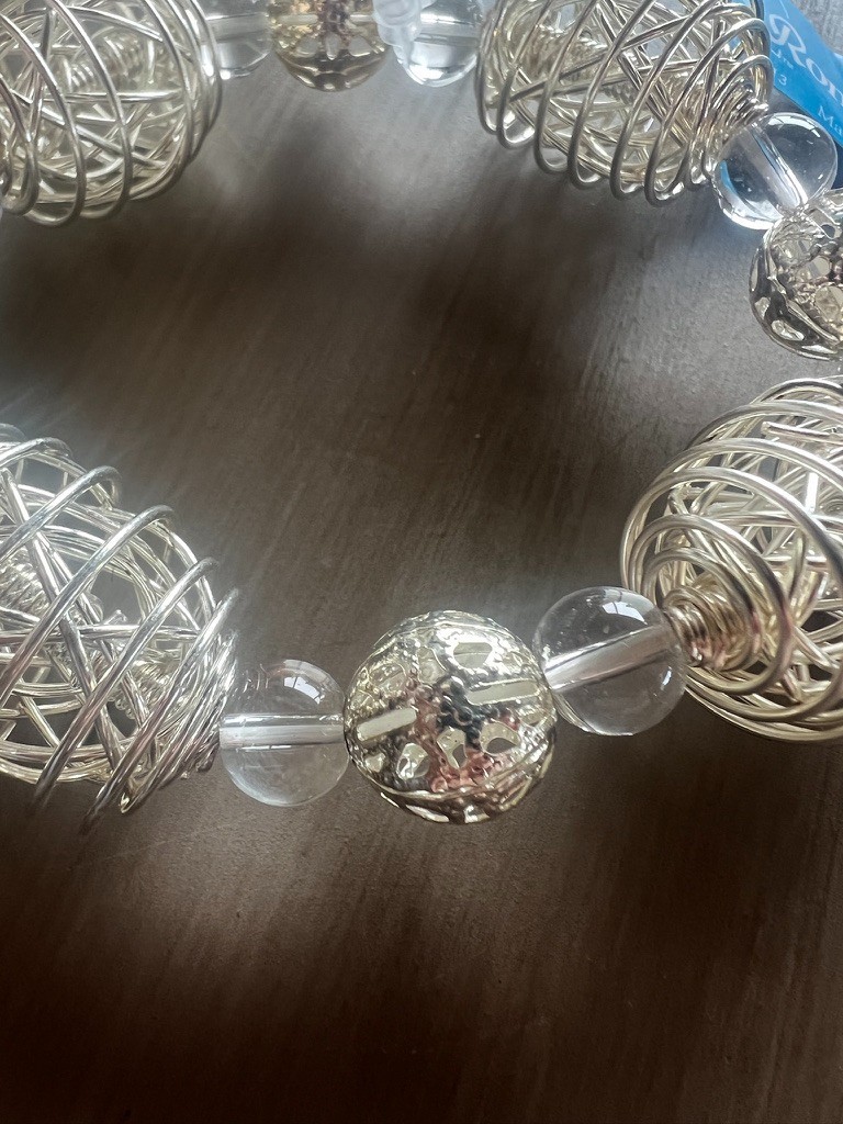 Roman Silver Tone Wire Wrapped Bead Stretch Bracelet Airy Metallic Sculptural