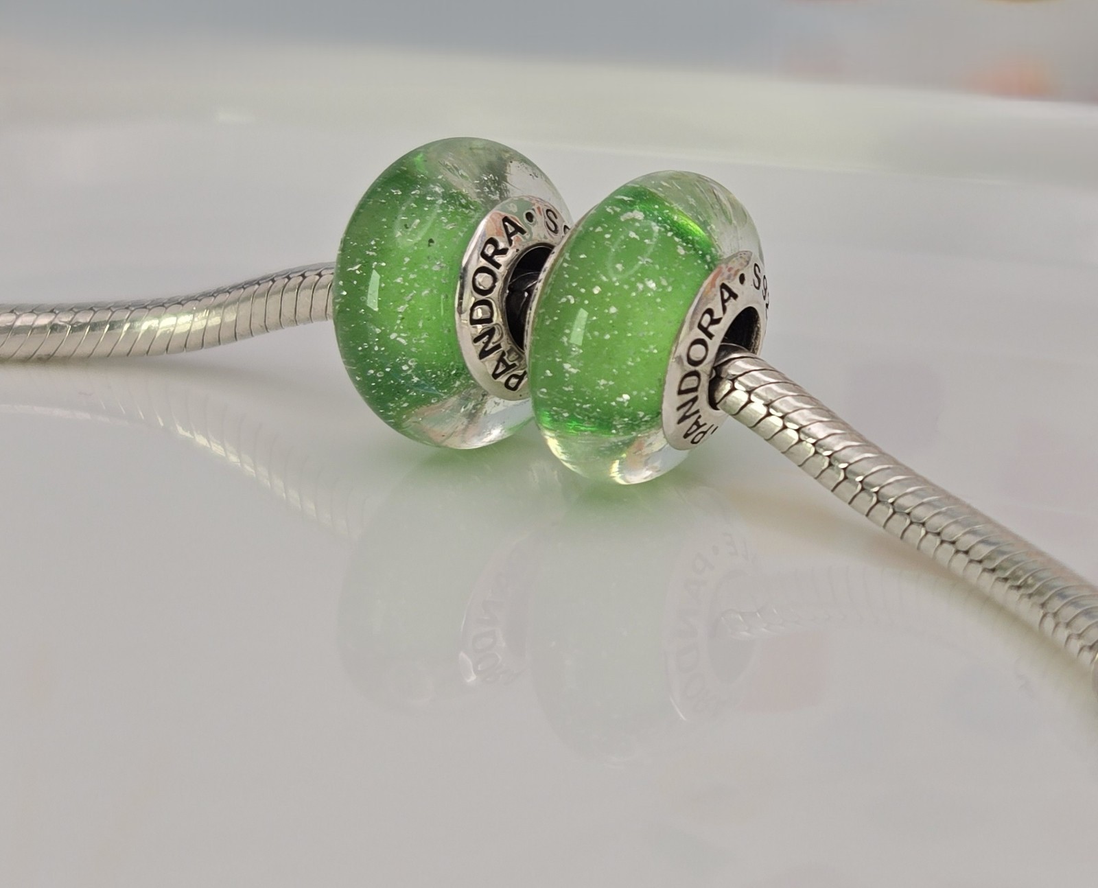 Authentic Pandora Pair of Disney Green Tinkerbell Charms Murano Glass