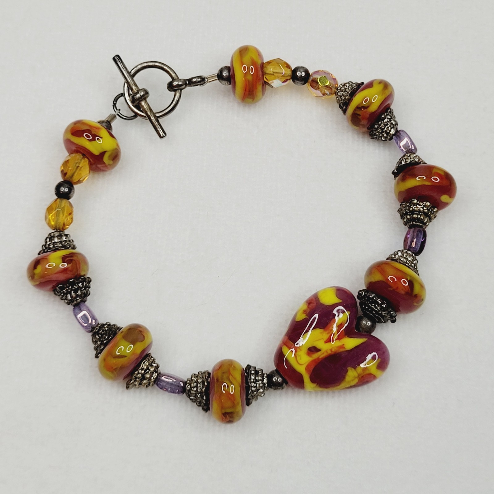 Yellow Red Glass Beaded Bracelet Swirled Art Silver Tone Toggle Closure Boho
