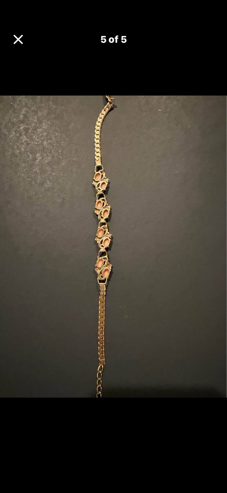Gold Tone Curb Link Chain Bracelet 8 Oval Orange Stones Lobster Clasp 7-7.5in