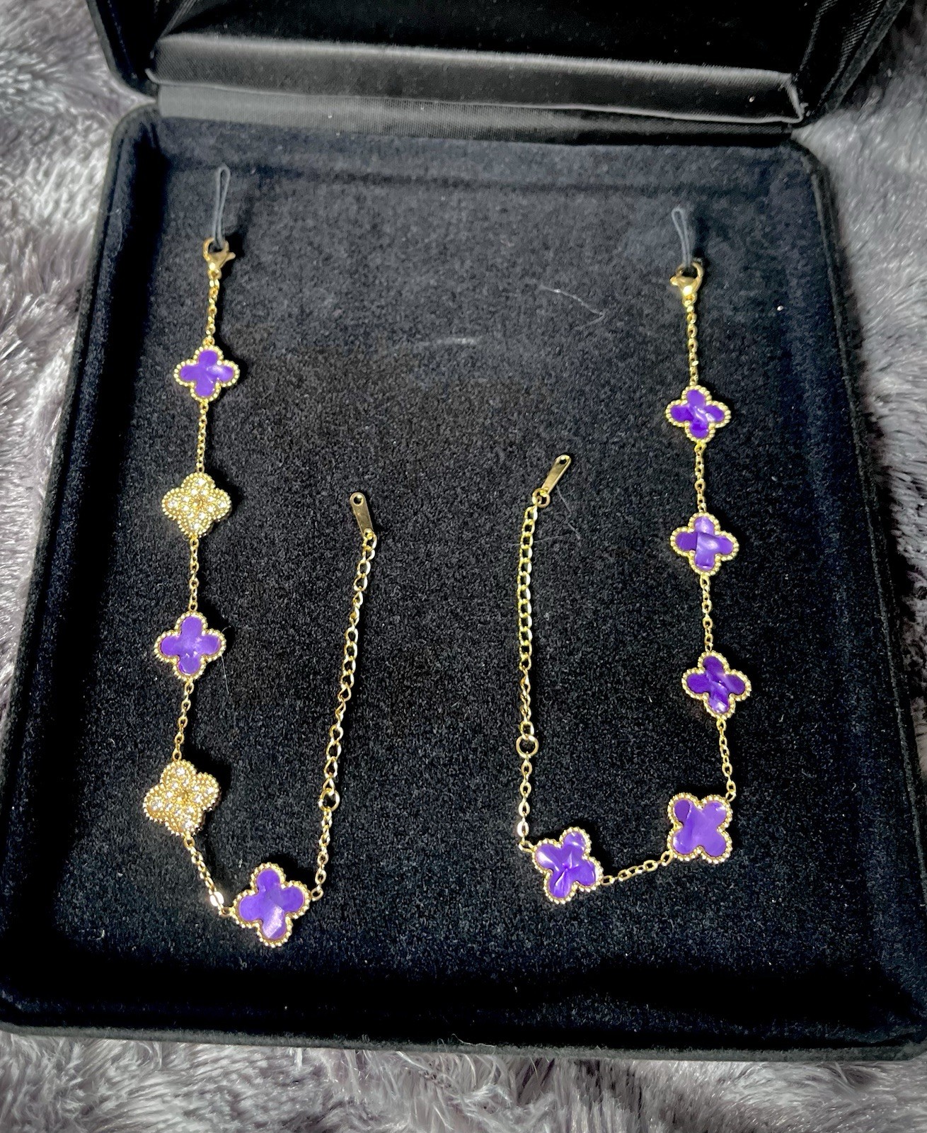 18k Gold Plated Clover Bracelet 5 motif reversible Amethyst & CZ 15mm (Set of 2)