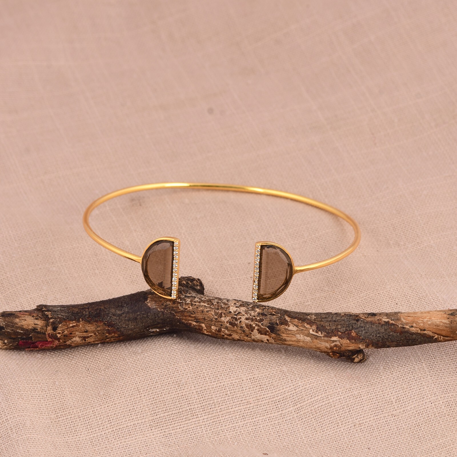 18ct Gold Plated Smokey Quartz Double Gemstone Cuff Bangle Bracelet For Wedding