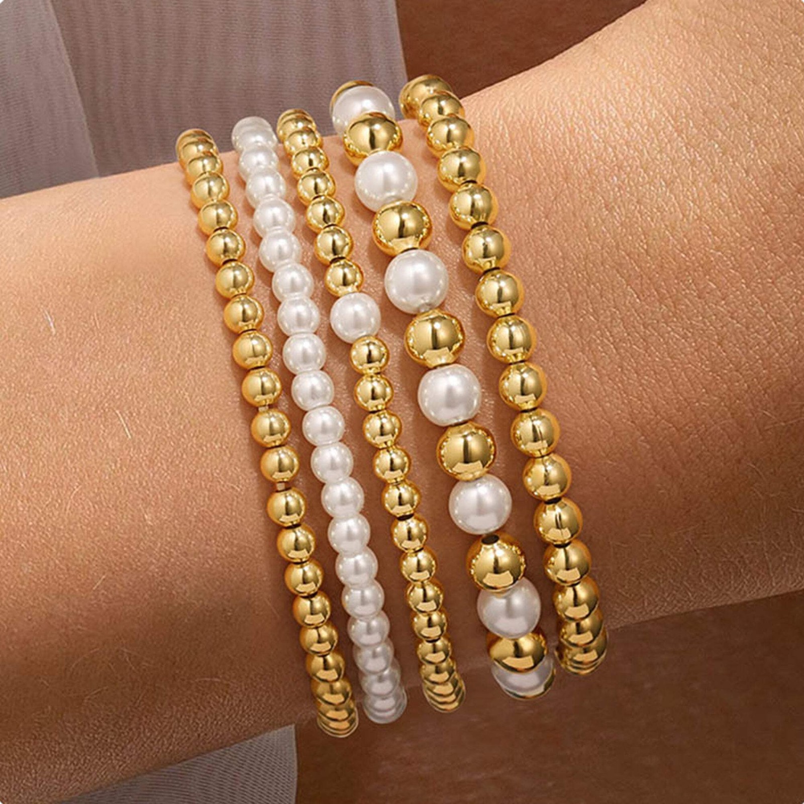 Turandoss 5PCS Gold Stack Pearl Bead Bracelet for Women Girl, Birthday Gift, 7In
