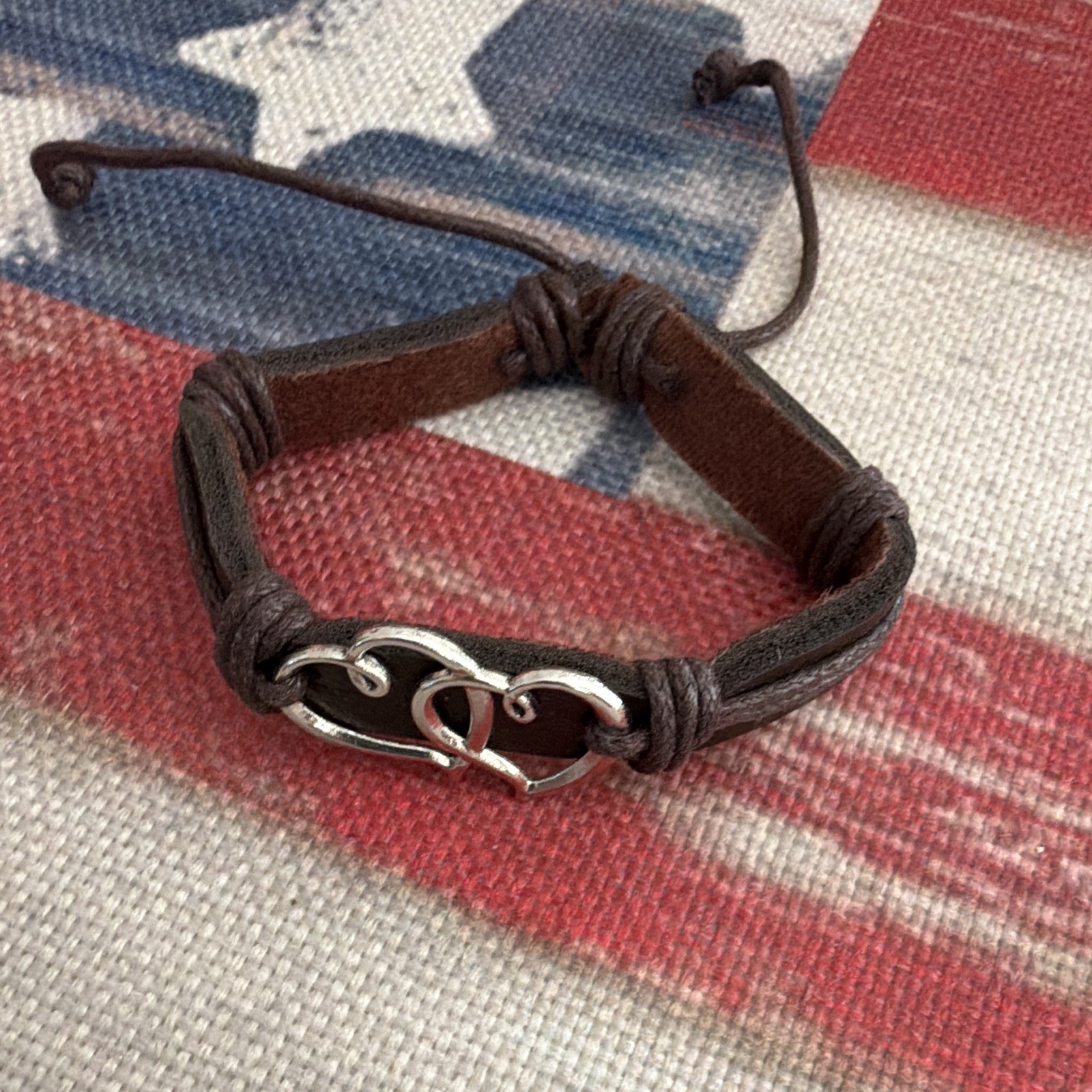 Brown Leather Cord Wrap Bracelet Adjustable Slide w/ Silver Double Heart Charm