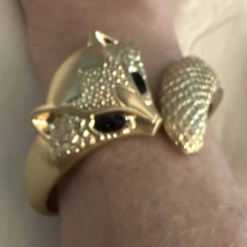 Gold Fox Head Open Cuff Bracelet with Black Eyes, Animal Theme