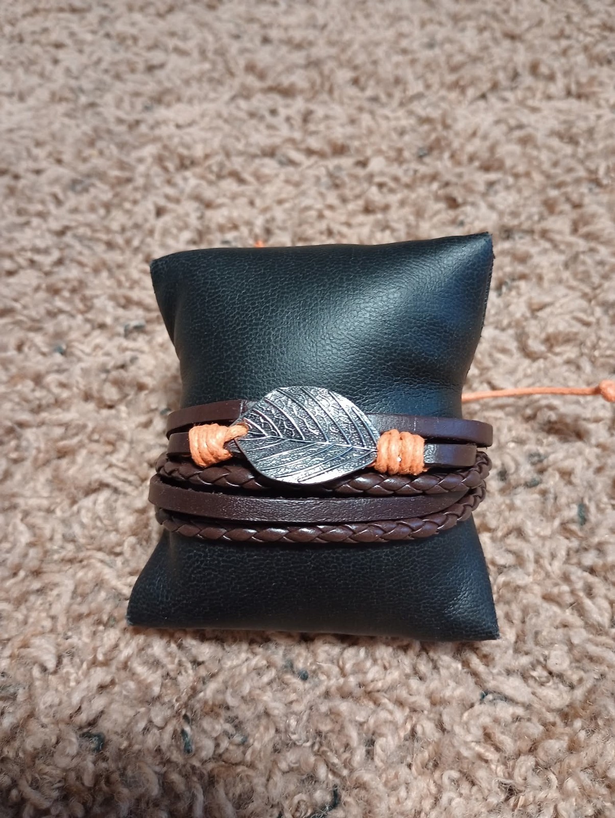 Paparazzi Brown Faux Leather Braided Wrap with Silver Leaf Charm Bracelet