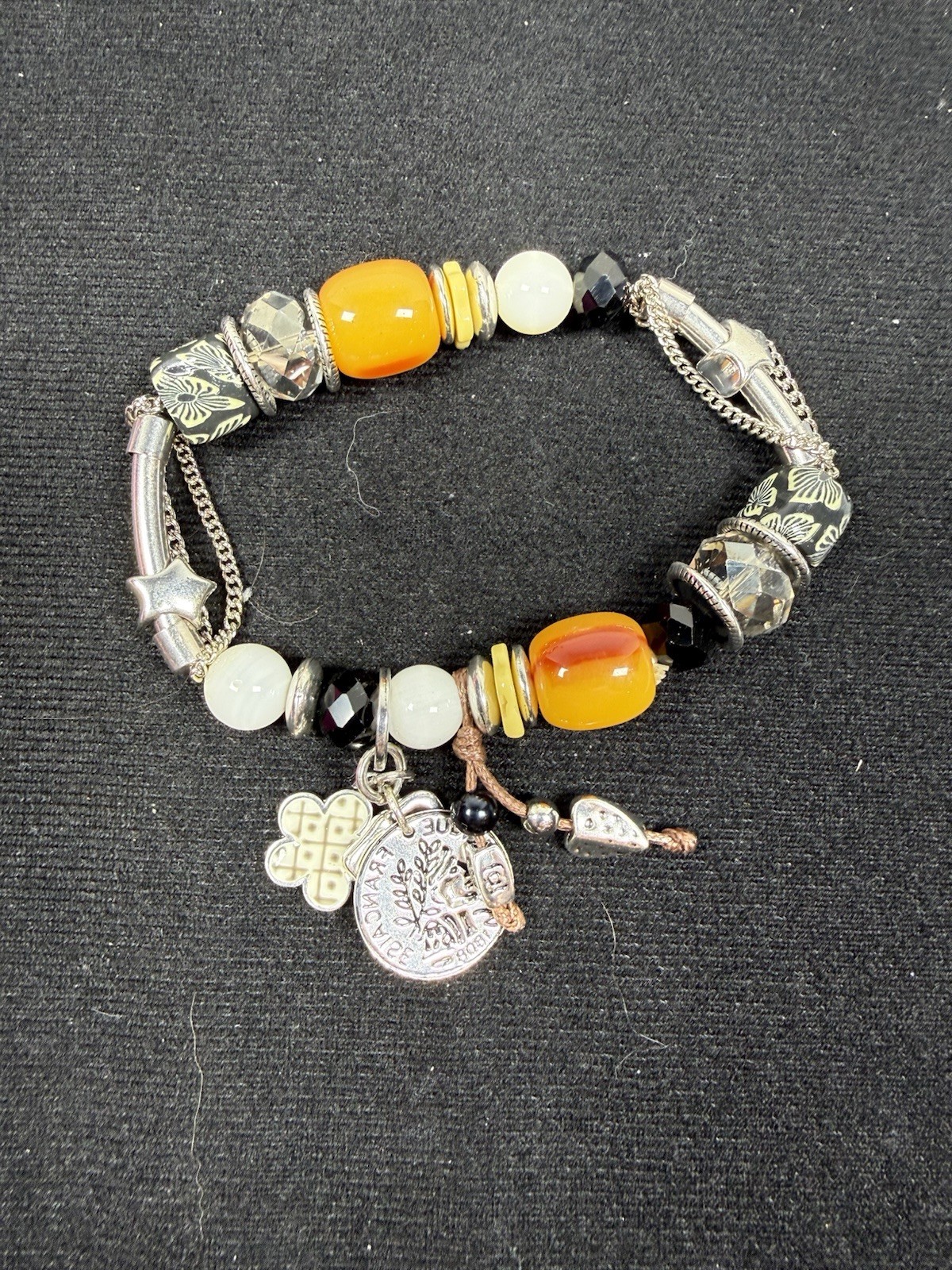 Bracelet, Stretch, Acrylic/enamel/glass/porcelain/waxed Cotton Cord